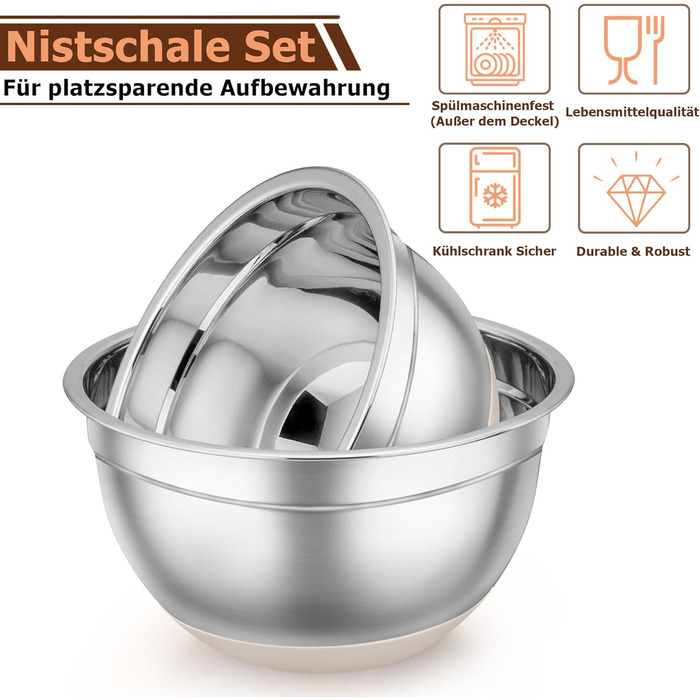 TEAMFAR Mixing Bowl Set, 7-Piece Stainless Steel Bowls Salad Bowls with Airtight Lids and Silicone Bottom, 0.7L/1.2L/1.5L/2.5L/2.8L/3.5L/6.5L, Khaki
