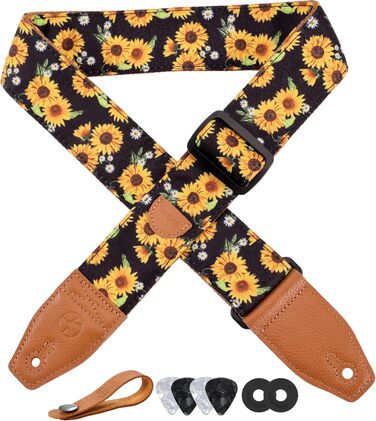 Гітарний ремінь 5,1 см з бавовняним друком, квітковий принт, з повним шкіряним кінцем, для бас-гітари, електро- та акустичної гітари, безкоштовна кнопка для ременя, фіксатори для ременя та медіатори. Жовті ромашки