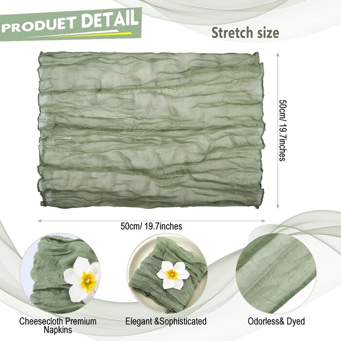 Gaze Cheesecloth Napkins, 50 x 50 cm, Napkins, crinkled, decorative fabric napkins for home, wedding, rustic table decoration, sage green, 100 pieces