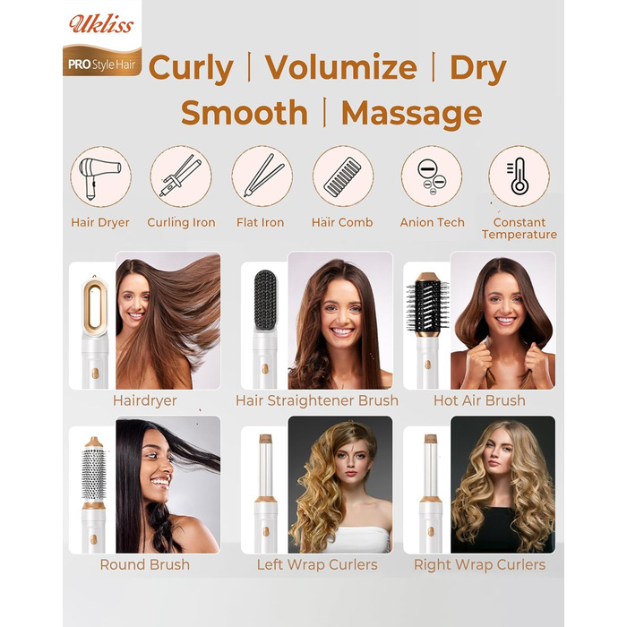 UKLISS Стайлер для волосся 6-в-1 Air Styler Set - Професійний стайлер з насадками: фен-щітка, керлер, щітка з гарячим повітрям, фен-щітка, фен, випрямляч | для створення локонів, об'єму, випрямлення та сушіння (Перламутрово-білий)