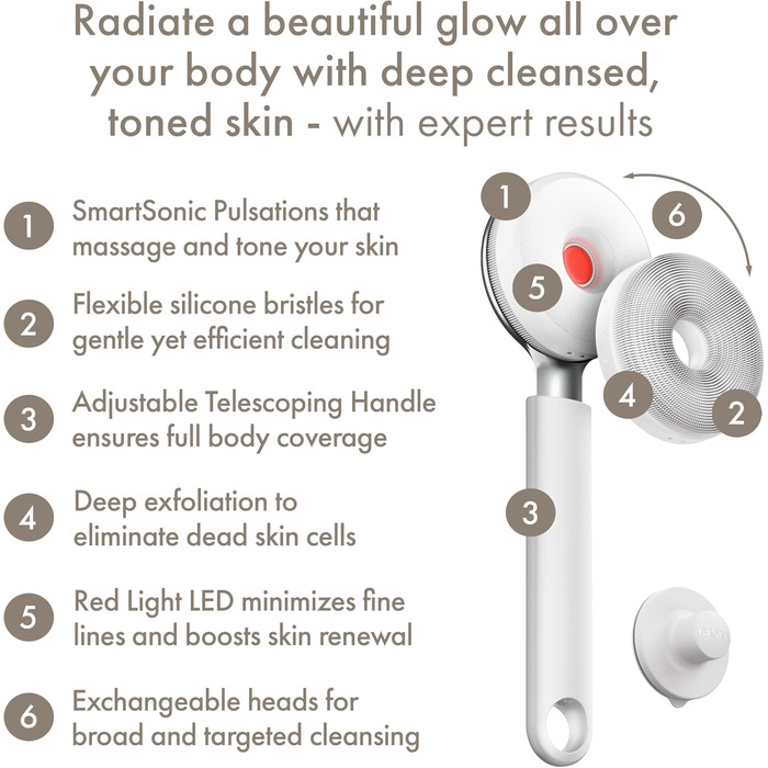 GESKE Sonic LED Full-Body Brush - Щітка для тіла з LED та Sonic-вібрацією | 9 в 1 | Інтенсивне пілінгування та масаж | Глибоке очищення | Білий