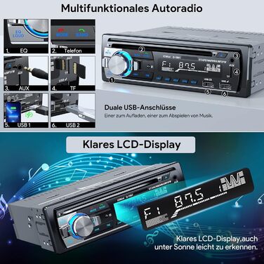 Автомагнітола CENXINY 1 DIN з Bluetooth, CD, RDS, FM/MP3, 2 USB для музики та зарядки, гучний зв'язок