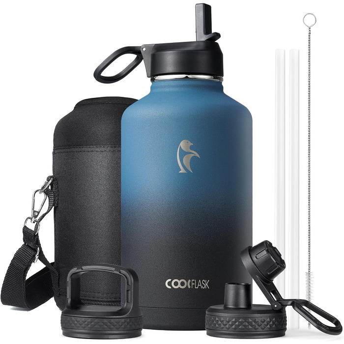 Термопляшка Coolflask 2л з соломинкою та 3 кришками, нержавіюча сталь, для спорту та офісу, Indigo Schwarz