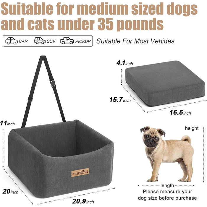 Автокрісло для собак, середнього розміру, до 15 кг, з ременем безпеки, знімний та миючий, сірий