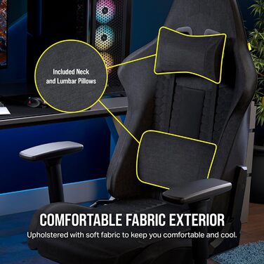 Ігрове крісло Corsair TC100 Relaxed, тканинне, ергономічне, з лендепідтримкою та подушкою з пам'яттю, регульовані підлокітники, сірий/чорний, сталевий каркас