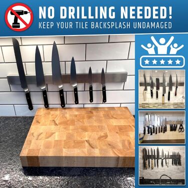 Strong Adhesive (No Drilling) Magnetic Knife Holder for Wall – Professional 24 Inch Knife Strip – No Screws Required – Self-Adhesive Backing – Stainless Steel Knife Rail
