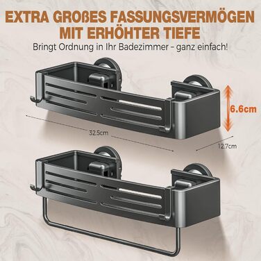 Поличка для душу Lekesky без свердління, кутова, з міцними присосками, алюміній, нержавіюча сталь, знімна, для ванної кімнати, кухні, орендованого житла (2 шт., сірий gunmetal з тримачем для рушників, прямокутна)