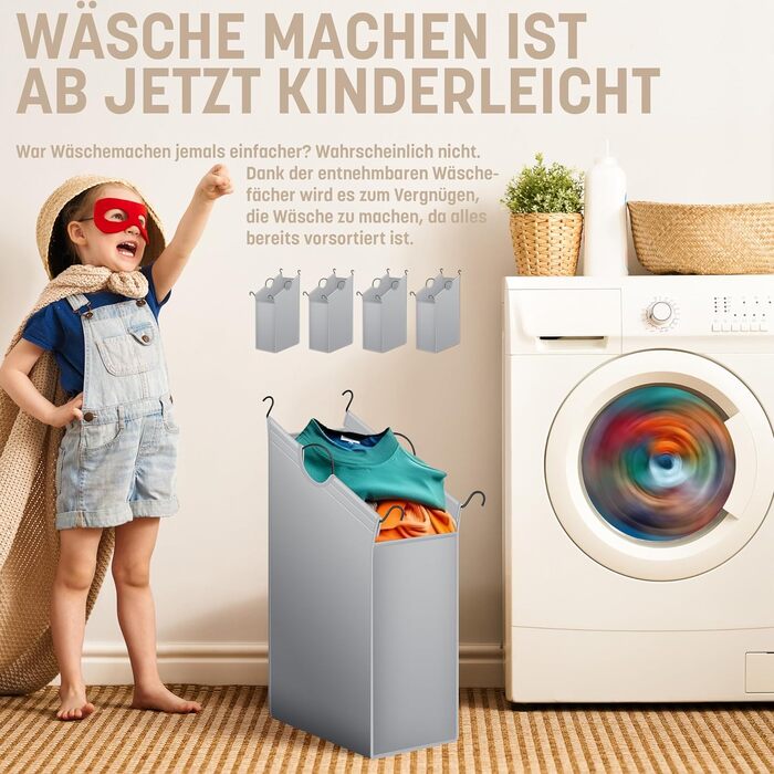 KESSER® Laundry Basket, Laundry Collector, Laundry Sorter with 4 Removable Fabric Bags | 4 Compartments x 35 Liters | Laundry Box with 12 Laundry Instructions, 360° Swivel Wheels with Brake, Laundry Sorting System, Laundry Cart, Grey