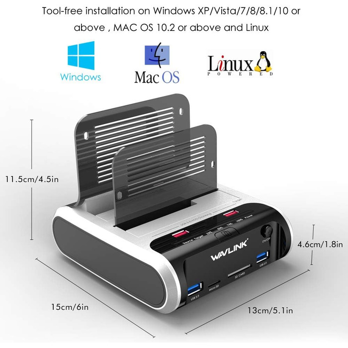 Док-станція для жорстких дисків WAVLINK ST336A: USB, SATA, TF/SD, зарядка, Offline Clone