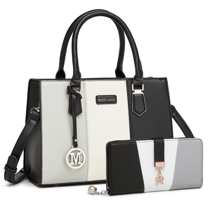 Сумка жіноча Miss Lulu середнього розміру з PU шкіри, сіра+чорна, з плечовим ремінцем для офісу, школи, подорожей та покупок