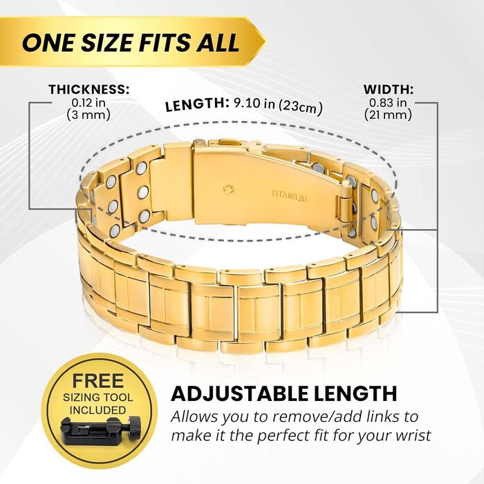 Магнітний браслет MagnetRX® Titan для чоловіків з трійною силою – титановий магнітний браслет на зап'ястя – регульований магнітний браслет для чоловіків – магнітний браслет для чоловіків з високоякісною застібкою (золотий)