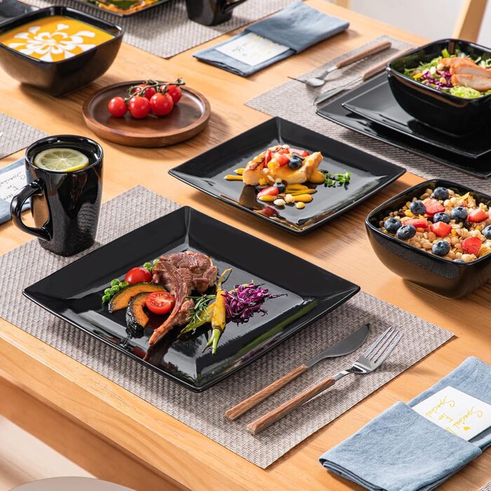 Vancasso Dinnerware Set, 24 Piece Stoneware SOHO Square Dish Set for 6 People, Combination Set, Square 24 Piece Black