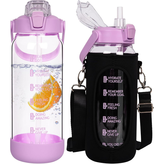2L Glass Bottle | Glass Drinking Bottle with Straw & Time Marker, Leak-Proof 2 Liter Large Glass Water Bottle for Smoothies, Carbonated Drinks Suitable, Dishwasher Safe