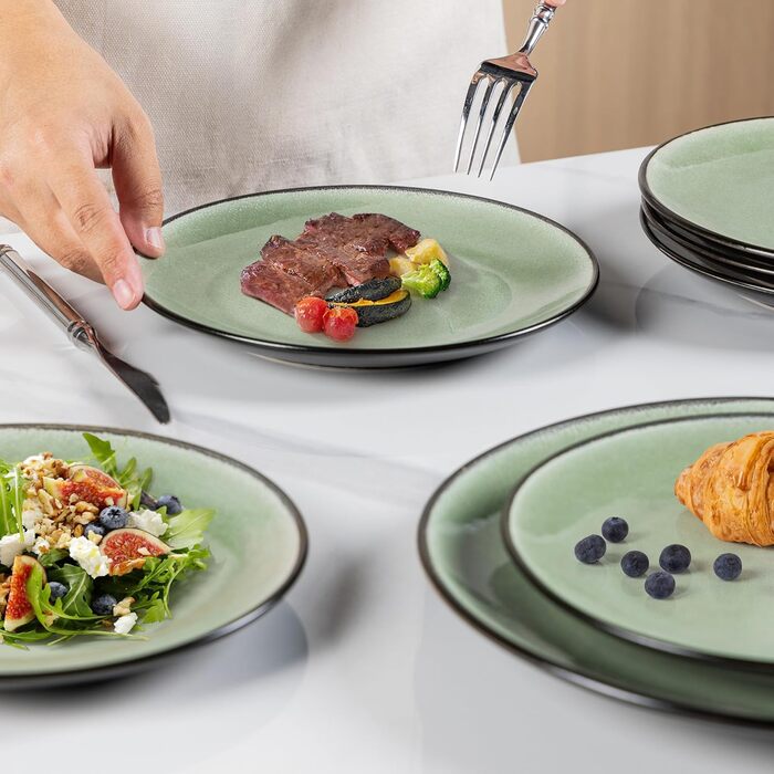 Набір посуду GBhome з реактивної глазурі для 6 осіб (18 предметів), ручної роботи, керамічний, мікрохвильова та посудомийна машина, зелений колір