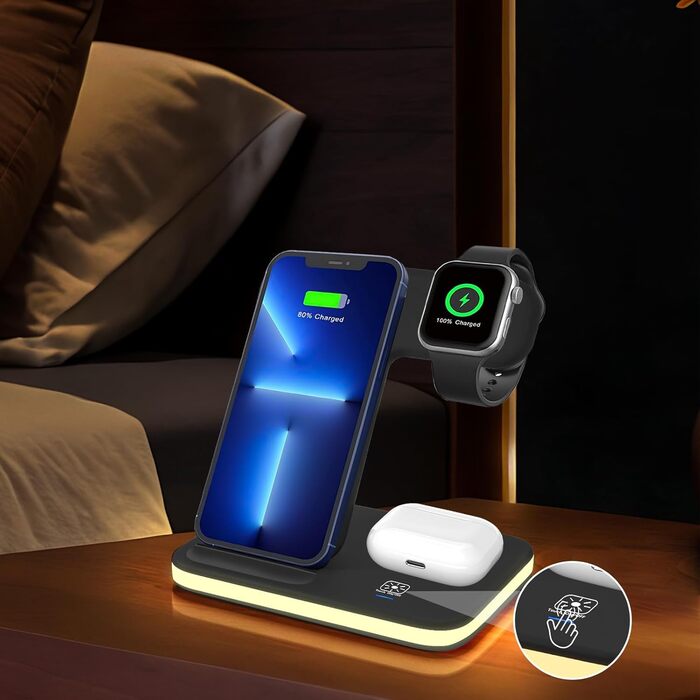 Зарядна станція 3-в-1 для Apple Watch та iPhone: бездротова зарядка для iPhone 16/15/14/13/12/11/Pro/Max/X/8/Plus та Apple Watch 10/9/Ultra/8/7/6/SE/5/4/3/AirPods Pro 4/3/2
