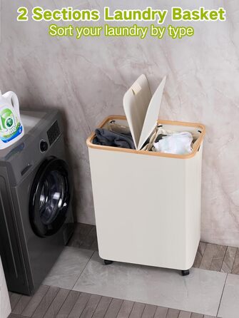 Кошик для білизни efluky з кришкою і 2 відділеннями, на колесах, 160 л, великий розділений контейнер для брудної білизни, з 2 знімними мішками, бежевий