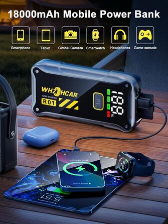 Powerbank Starthilfe 4000A: портативний пусковий пристрій для автомобіля 12V з LCD дисплеєм та LED ліхтариком. Підходить для бензинових (9.0L) та дизельних (7.5L) двигунів. Ідеально для SUV, мотоциклів та газонокосарок. Чорний колір.