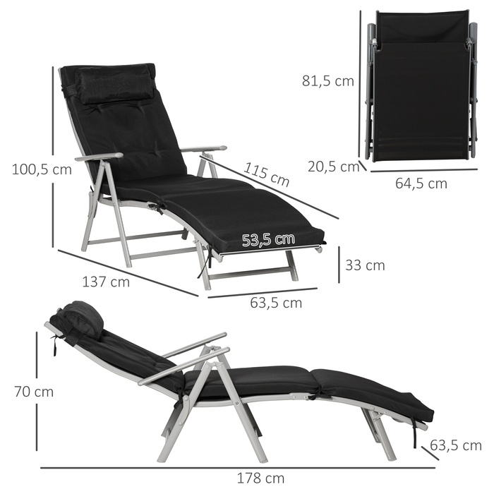 Outsunny Folding Beach Chair, 7 Adjustable Positions, Weather-Resistant, with Cushion, Textilene, Polyester, Metal, 137 x 63.5 x 100.5 cm, Black | Aoso