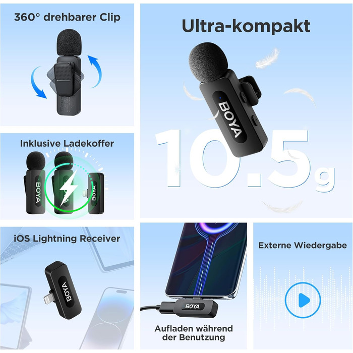 Мікрофон BOYA BY-V10 USB-C: Бездротовий мініатюрний мікрофон з шумозаглушенням для Android, смартфонів, ноутбуків, YouTube, подкастів, Facebook, Vlogging