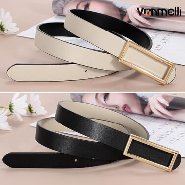 Жіночий ремінь VONMELLI вузький двосторонній шкіряний, чорний/бежевий, 120 см (талія 93-103 см) для суконь, джинсів, штанів із золотою пряжкою