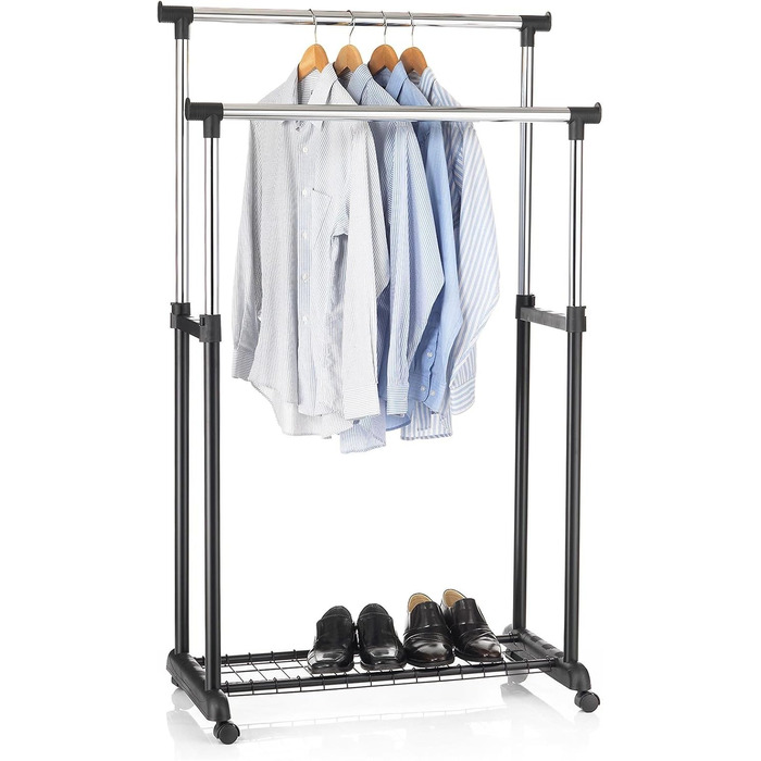 IDIMEX Wardrobe Trolley Grosso Clothes Rack Rolling Wardrobe Clothes Rack, with Shoe Storage, 2 Clothes Rails, Height Adjustable, Chrome-Plated Metal Pipe, in White (Black)
