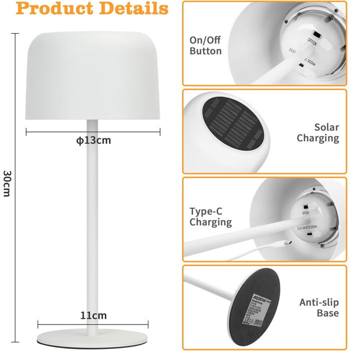 Світлодіодна настільна лампа Aigostar акумуляторна бездротова, димується сенсорним керуванням, 3 режими світла, водонепроникна IP54 для дому та саду (біла)