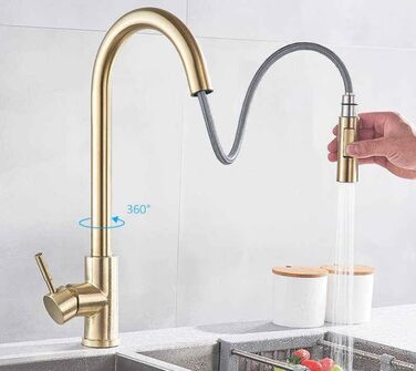 Кухонний змішувач з двома виливами, поворотний на 360°, з високим виливом та спіральною голкою, з нержавіючої сталі (золотий)