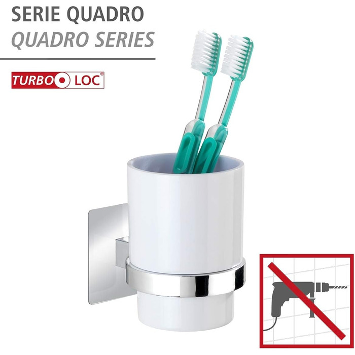 WENKO Turbo-Loc® WC-Garnitur Quadro - WC brush holder, 9.5 x 35.5 x 12 cm, Chrome & Turbo-Loc® toothbrush cup Quadro - toothbrush holder for toothbrush and toothpaste, 7 x 10 x 9.5 cm, Chrome