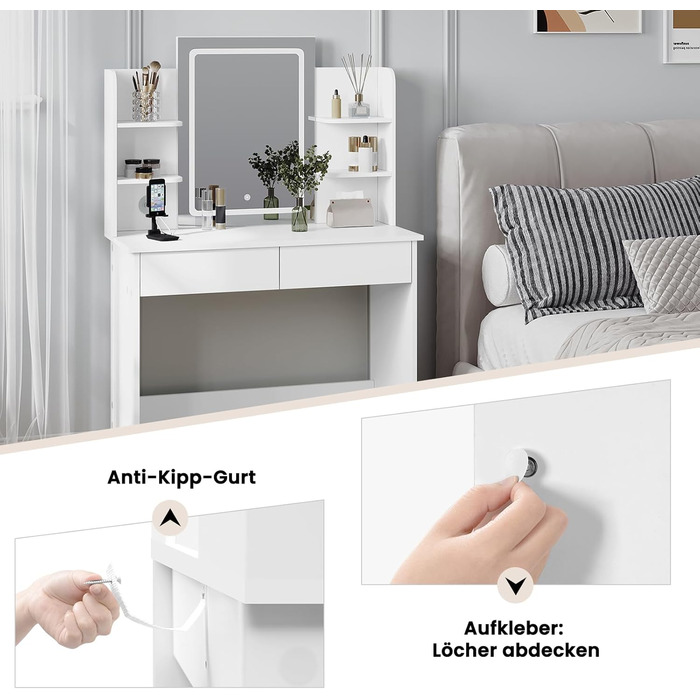 Туалетний столик WOLTU з LED-підсвіткою, регульованою яскравістю, 2 USB-портами, дзеркалом, 2 шухлядами та 4 відкритими полицями, білий, для макіяжу і спальні, модель MB6112ws з гірляндою
