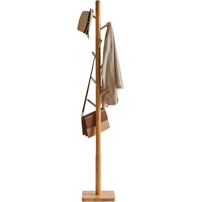 YMYNY Solid Wood Wardrobe Rack, Freestanding Clothes Rack with 8 Hooks, Thickened Square Base, 3 Adjustable Heights, for Bag, Clothing, Living Room, Natural Wood Color HCR002N