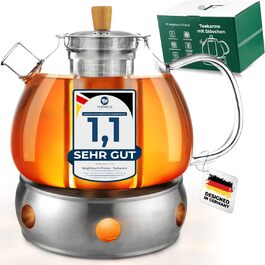 Neighbour's Friend® 1.5 L Glass Teapot for Loose Leaf Tea & Tea Bags - Teapot with Infuser Insert Large Drip-Free - 3-Piece Stainless Steel Infuser with Bamboo Lid Handle - Dishwasher-Safe Glass Teapot (1.5L Teapot with Spout)