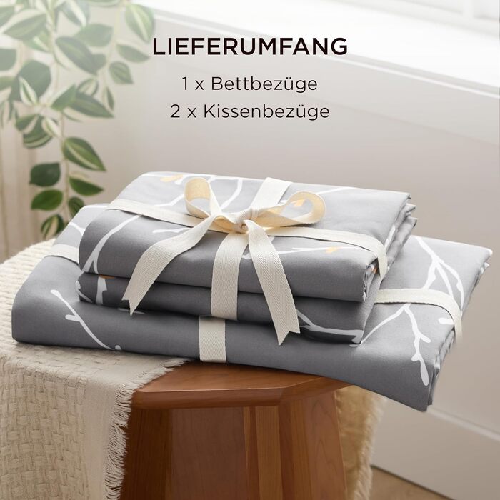BEDSURE Комплект постільної білизни 200x200 3 шт. з двома наволочками 80x80 см, сірий малюнок гілок, для двоспального ліжка