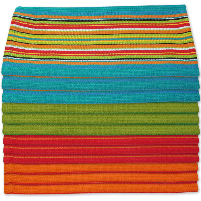 Salsa Striped Kitchen Towels, 100% Natural Absorbent Cotton, Waffle Weave, Multi-Purpose, Festive, Red, Orange, Green, Blue, 28 x 16 inches, 12 Pieces