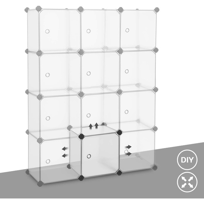 SONGMICS Regal System, Shoe Rack, Set of 16 Cubes, Plastic Closet Organizer with Doors, Plug-in Shelf, Storage for Clothes, Shoes, and Books, Easy Assembly, LPC443G01 (12 Cubes (93B x 123H cm), White)