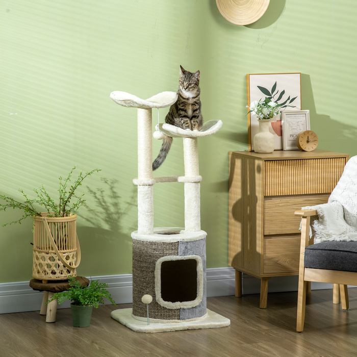 PawHut Стабільний котячий комплекс, котячий будинок з котячою печерою, платформами, сизалевою колоною, іграшковим м'ячиком, кремово-білий, 48 x 48 x 110 см | Aosom