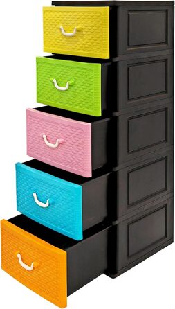 Chest of drawers 44x50x127 cm with 5 large XXL drawers, 40 liters per drawer, with fronts in beautiful candy colors and a modern look. Made from recyclable PP plastic (Black / Candy, Weave) for the environment.