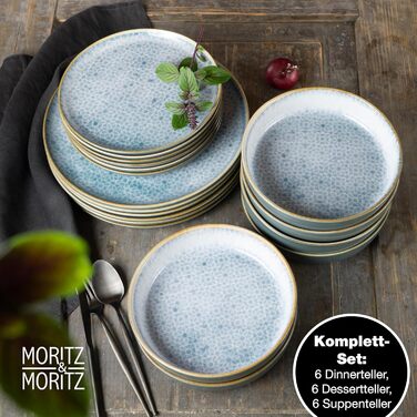 Moritz & Moritz TERRA 18-Piece Dinnerware Set, 6 People - Plate Set in Radiant Azure Blue made of High-Quality Porcelain - Dinnerware Set for 6, consisting of 6 Dinner Plates, Dessert Plates, and Bowls each, Azure Blue, 18-Piece Dinnerware Set