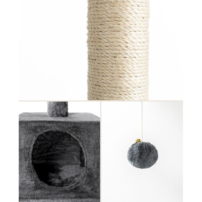 Lionto Scratching Post for Cats with Cave and Plush Ball incl. Bell, Height 85 cm, Cat Tree with Sisal & Plush, Cozy Resting Areas & Cave, Suitable for Small & Large Cats, (Dark Grey (with name tag))