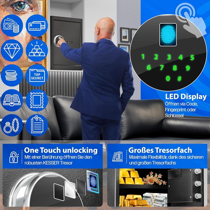 Електронний сейф KESSER® з відбитком пальця та ключем L | Вбудований акумулятор | 3x подвійний замок | Настінний/підлоговий сейф | Чорний