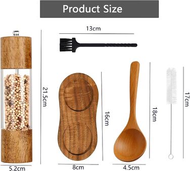 Salt and Pepper Grinder Set of 2 with Coasters, Manual Pepper Grinder, Wooden Salt Grinder, Adjustable Ceramic Grinder for Spices, Pepper, Salt, Height: 21.5 cm