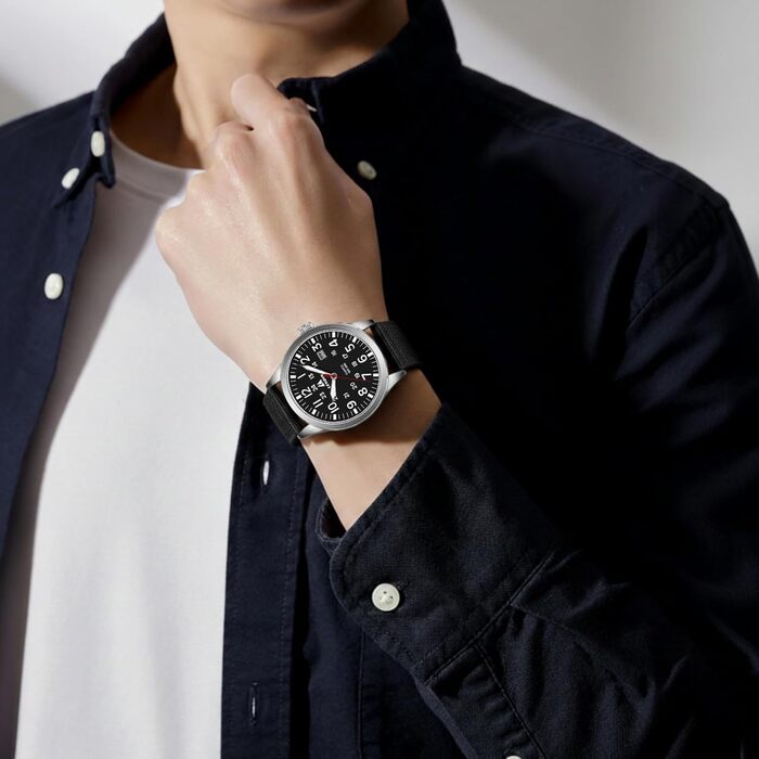 Чоловічий годинник LN LENQIN: аналоговий кварцовий годинник з нейлоновим ремінцем, 30M водостійкість, з датою (чорний, срібний, чорний)