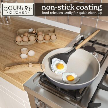 Набір посуду Country Kitchen 16 предметів з керамічним антипригарним покриттям, дерев'яні ручки, для дому та кемпінгу, придатний для духовки (кремовий/сіро-бежевий)