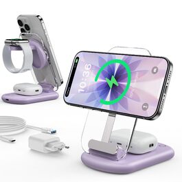 Зарядний пристрій MagSafe 3-в-1 для Apple Watch та iPhone: фіолетовий колір. Підходить для iPhone 17, 16, 15, 14, 13, 12 Pro Max/Air/Plus/Pro та Apple Watch 10/9, Airpods 3/2/Pro