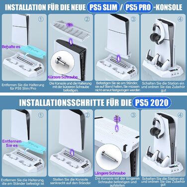 Підставка для PS5 Slim/Pro з зарядною станцією для контролера, RGB-підсвічуванням, вентилятором, тримачем для навушників та USB-хабом, чорно-біла (біла Q211)