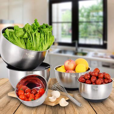 Mixing Bowls 5-Piece Set, Wildone Stainless Steel with Airtight Lids, 3 Grater Attachments, Measuring Markings, and Non-Slip Bottoms, Sizes 5, 3, 2, 1.5, 0.63 QT, ideal for mixing and serving
