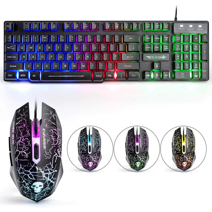 Ігровий набір клавіатури та миші UK-Layout 4-в-1 з підсвічуванням Rainbow, миша 2400 DPI, навушники, килимок для миші (K&M-Black)