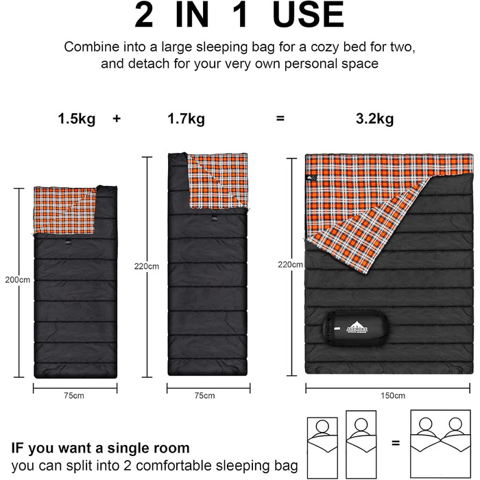 Cotton Flannel Double Sleeping Bag for Camping, Hiking, and Backpacking - Queen Size 2 Person Waterproof Sleeping Bag for Adults & Teens - Lightweight (Black/Orange)