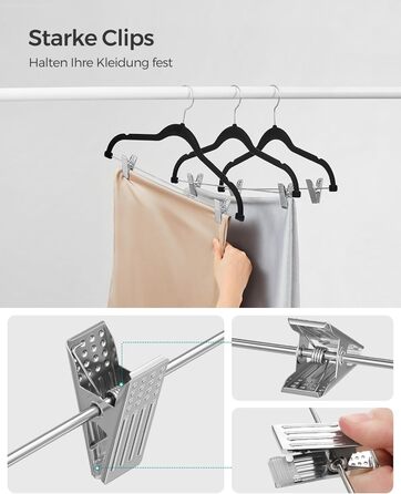 SONGMICS Velvet Clothes Hangers, 20-Piece Set, Skirt Hanger, 42.5 cm wide, with adjustable clips, non-slip, space-saving, for trousers, coats, dresses, black CRF012B20