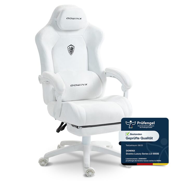 Ігровий крісло Dowinx з ергономічною підтримкою попереку, регульованою підголівником, потовщеним сидінням, висувною підніжкою, регульованими підлокітниками, мікрофібровим велюром, нахилом 160°, білий