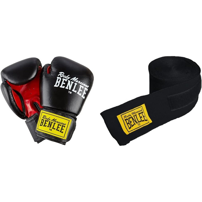 Боксерські рукавички BenLee з натуральної шкіри Fighter (Чорні, 14 oz) + Боксерські бандажі Rocky Marciano